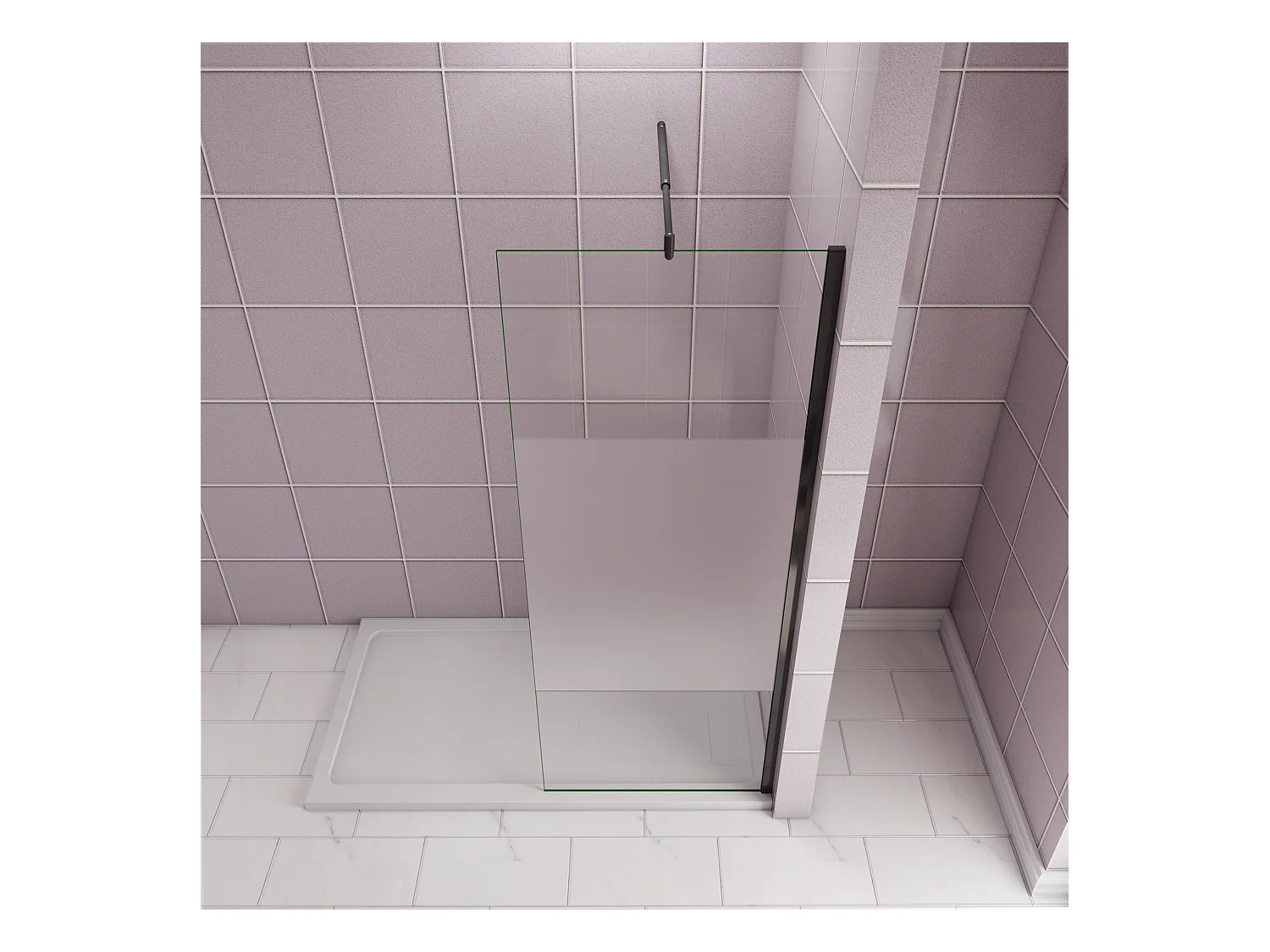 Inloopdouche-douchewand-walk in 100x200 cm,10mm midden wit gematteerd gehard glas met explosieveilige folie+70-120cm Stabilisatiestang,mat zwart aluminium profiel.