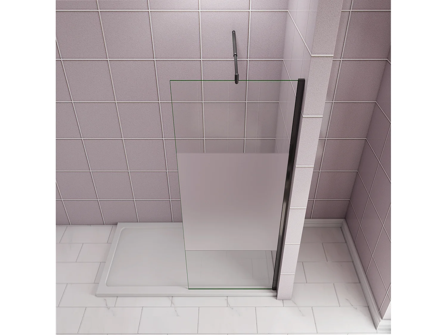 Inloopdouche-douchewand-walk in 100x200 cm,10mm midden wit gematteerd gehard glas met explosieveilige folie+70-120cm Stabilisatiestang,mat zwart aluminium profiel.