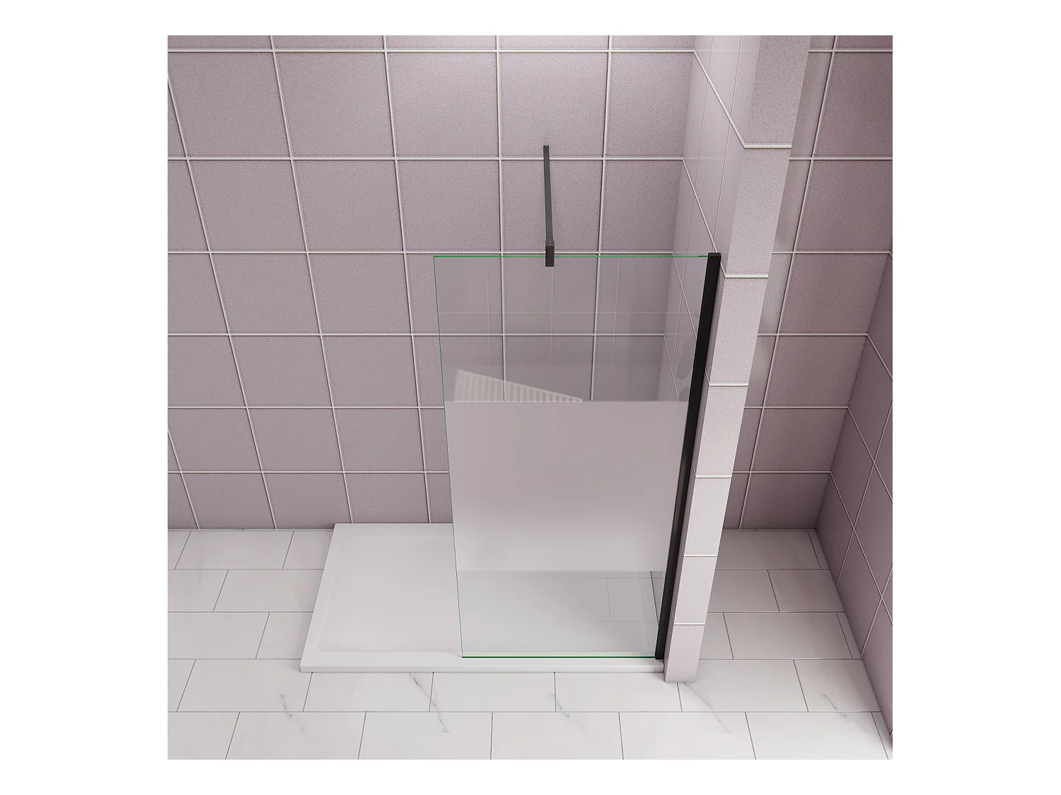Inloopdouche-douchewand-walk in 100x200 cm,10mm midden wit gematteerd gehard glas met explosieveilige folie+F-vorm: 140 Stabilisatiestang,mat zwart profiel