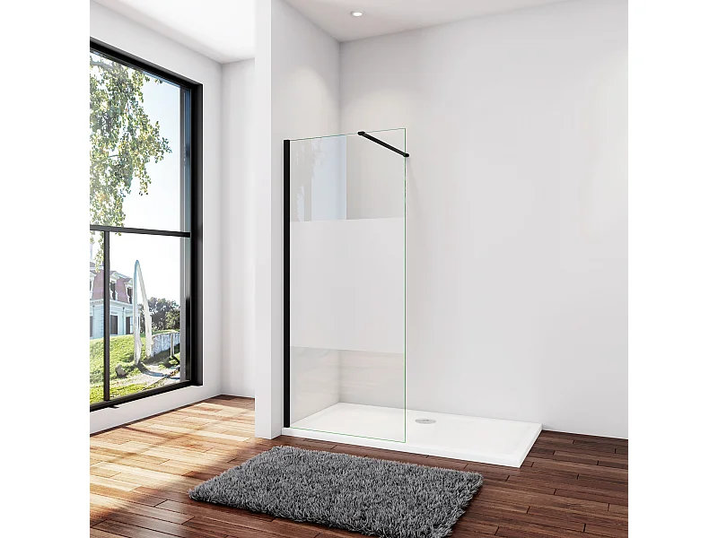 Inloopdouche-douchewand-walk in 110x200 cm,8mm midden wit gematteerd gehard glas met explosieveilige folie+N-vorm: 90 Stabilisatiestang,mat zwart aluminium profiel.