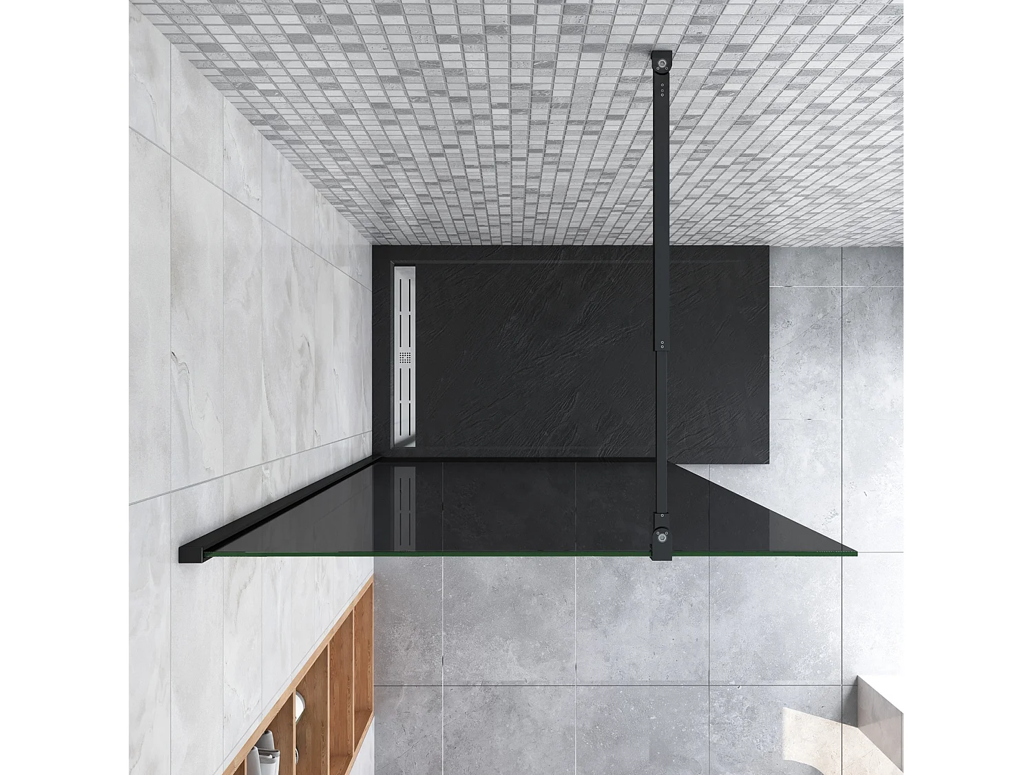 Inloopdouche 140x200cm met zwart folie,10mm NANO EasyClean veiligheidsglas,73-120cm Stabilisatiestang,mat zwart aluminium profiel.