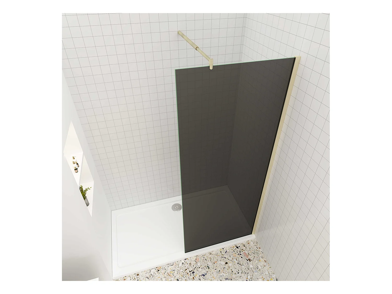 Inloopdouche 100x200cm met zwart folie,10mm NANO EasyClean veiligheidsglas,70-120cm Stabilisatiestang,gouden profiel.