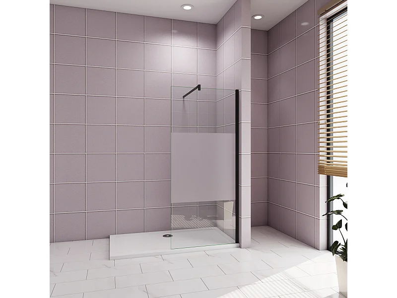 Inloopdouche-douchewand-walk in 110x200 cm,10mm midden wit gematteerd gehard glas met explosieveilige folie+F-vorm: 90 Stabilisatiestang,mat zwart aluminium profiel