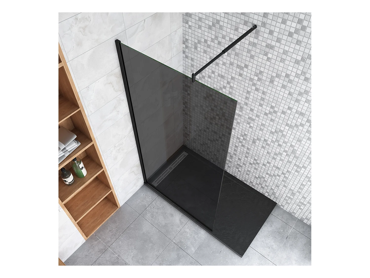 Inloopdouche met zwarte beschermfolie,110x200cm hoog,8mm EasyClean veiligheidsglas,Stabilisatiestang 70-120cm,mat zwart aluminium profiel.