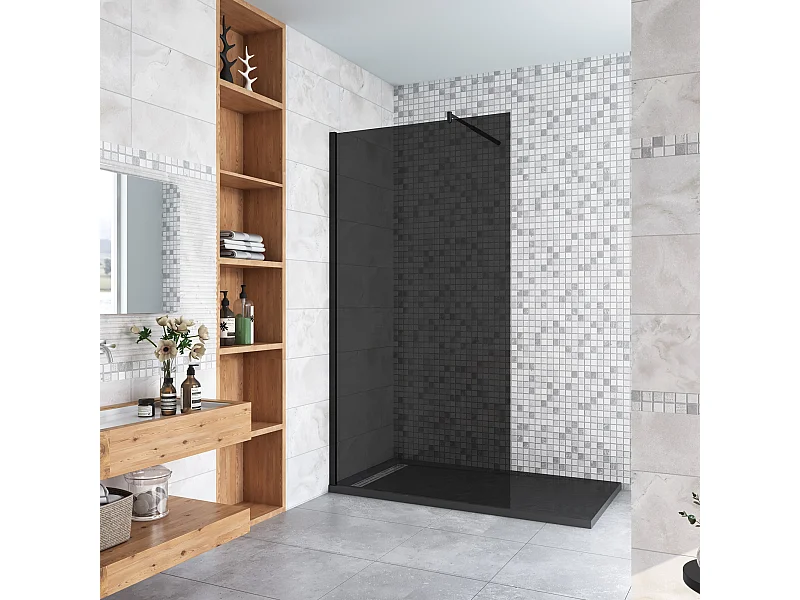 Inloopdouche met zwarte beschermfolie,110x200cm hoog,8mm EasyClean veiligheidsglas,Stabilisatiestang 70-120cm,mat zwart aluminium profiel.