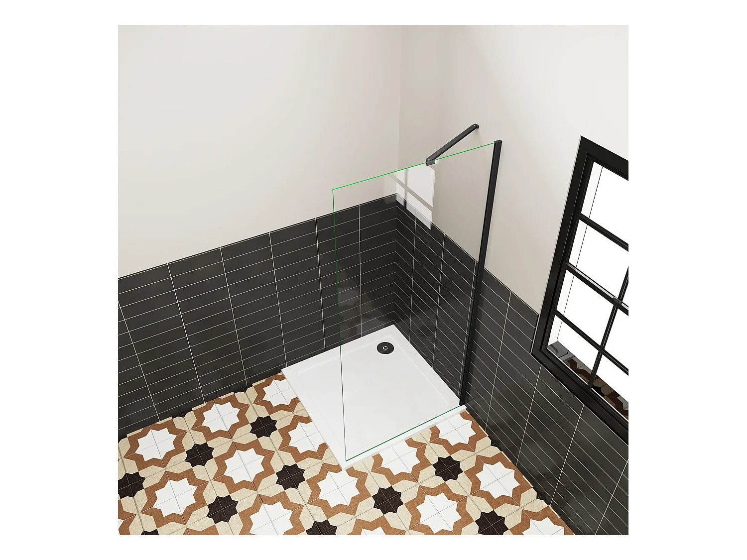 Douchewand Inloopdouche 72x185cm,6 mm helder EasyClean veiligheidsglas,mat zwart aluminium frame,stabilisatorstang 50 cm