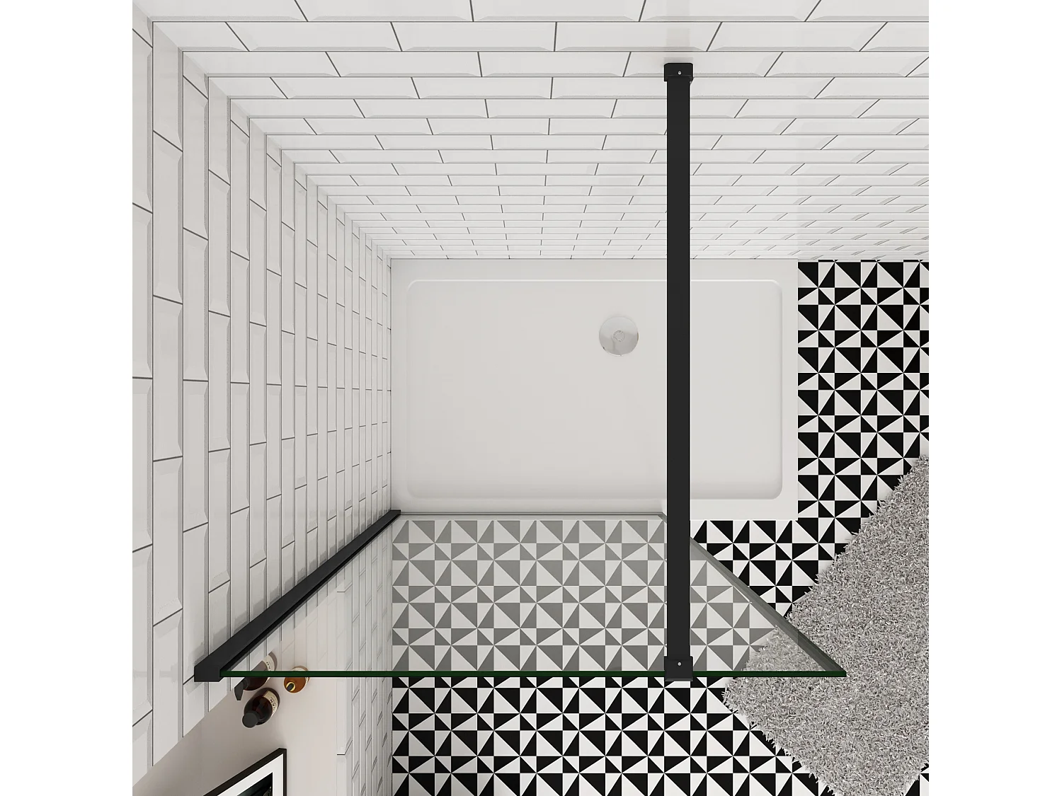 120x200cm inloopdouche-douchecabine,8mm zwart raster gehard gezeefdrukt glas,easyclean,antikalk,stabilisatiestang 90cm (kan worden gesneden),mat zwart profiel