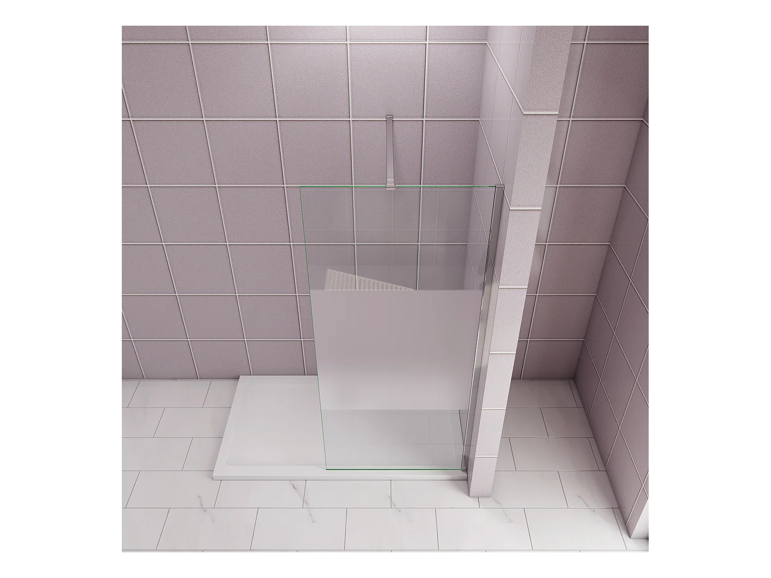 Inloopdouche-douchewand-walk in 140x200 cm,10mm midden wit gematteerd gehard glas met explosieveilige folie+N-vorm: 90 Stabilisatiestang,glanzend chroom profiel