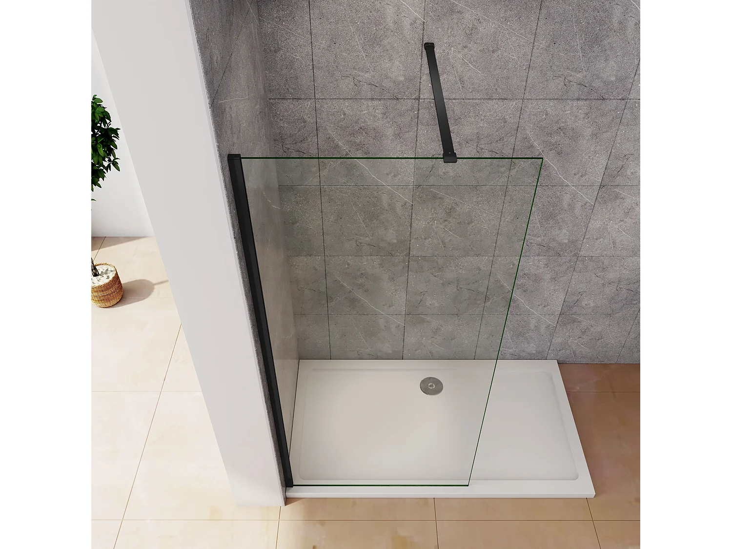 Inloopdouche-douchewand-walk in 10mm NANO EasyClean veiligheidsglas，160x200cm+N-vorm: 90 Stabilisatiestang,mat zwart aluminium profiel.