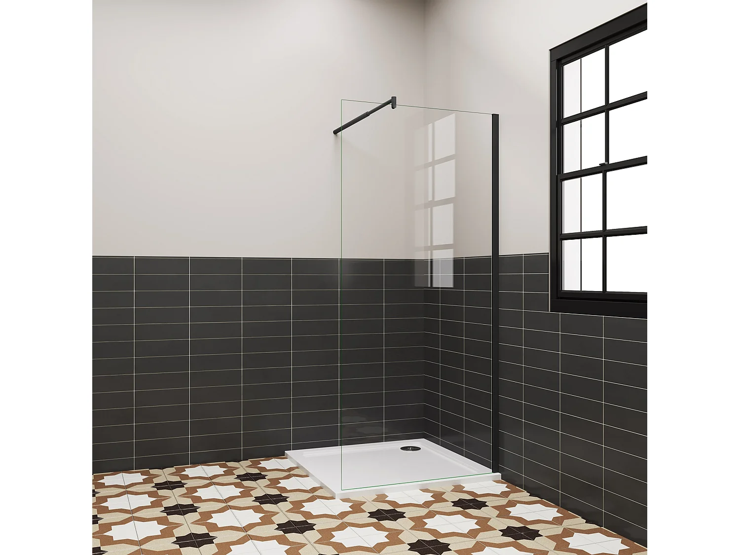 Douchewand Inloopdouche 86x195cm,6 mm helder EasyClean veiligheidsglas,mat zwart aluminium frame,stabilisatorstang uitschuifbaar van 70-120 cm