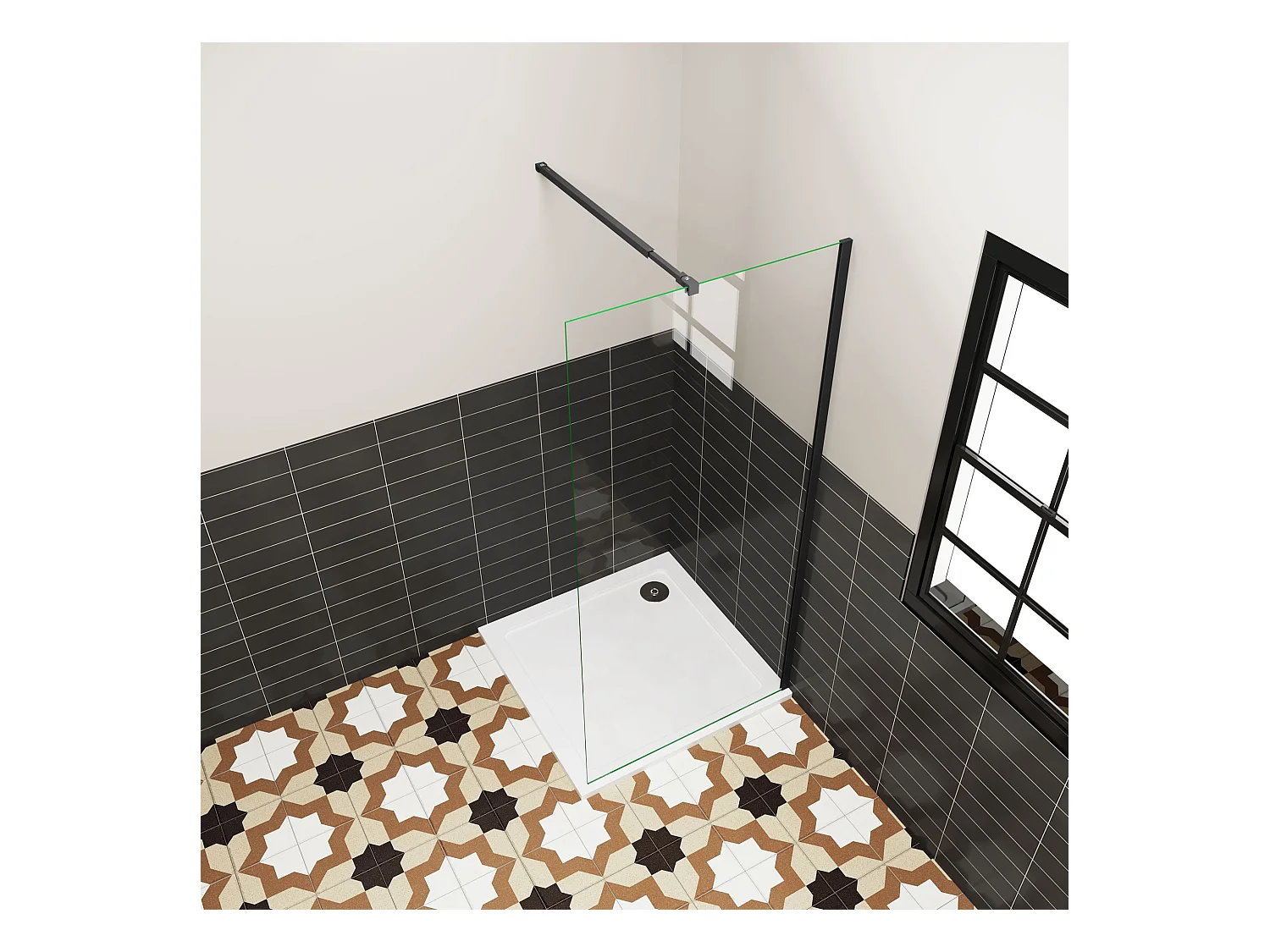 Douchewand Inloopdouche 72x195cm,6 mm helder EasyClean veiligheidsglas,mat zwart aluminium frame,stabilisatorstang 73-120cm