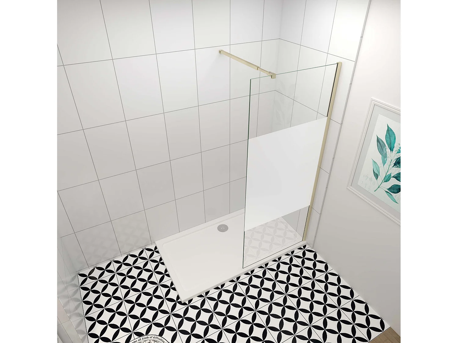 Inloopdouche-douchewand-walk in 140x200 cm,10mm midden wit gematteerd gehard glas met explosieveilige folie+73-120cm Stabilisatiestang,gouden profiel