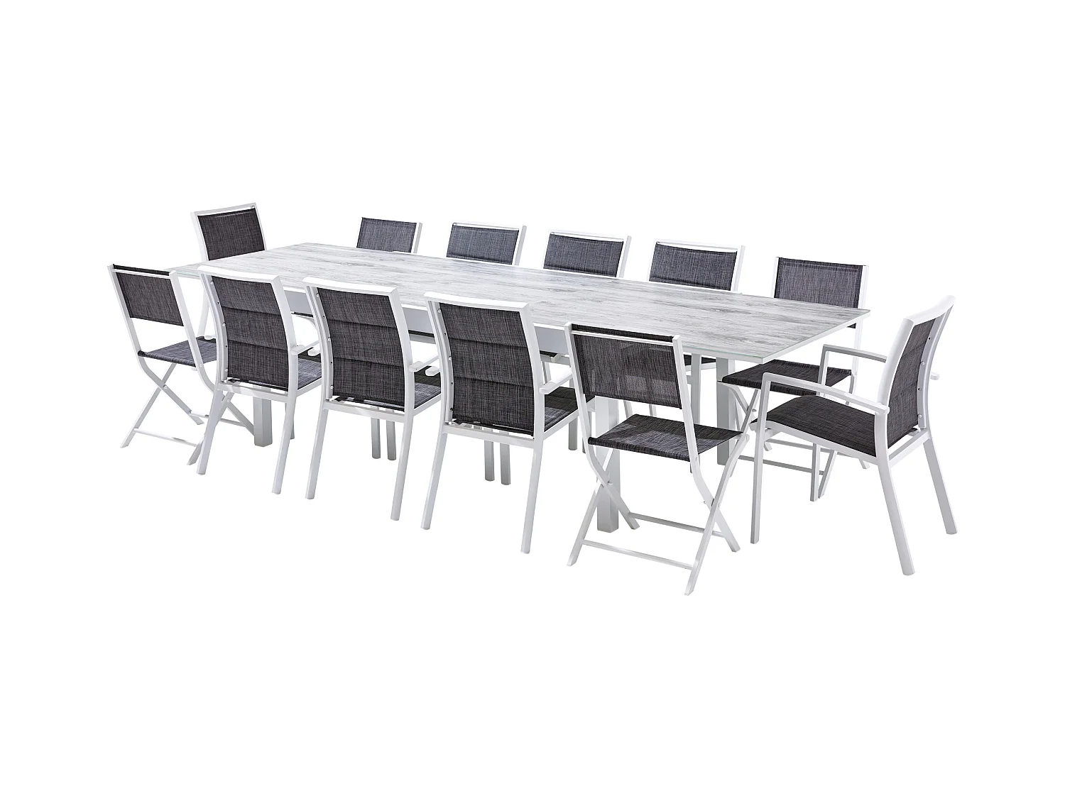 Ensemble MODULO 8/12p en aluminium blanc et verre décors bois avec 12 fauteuils en textilène