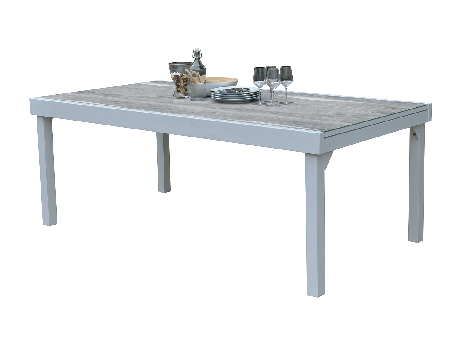 Ensemble MODULO 8/12p en aluminium blanc et verre décors bois avec 12 fauteuils en textilène