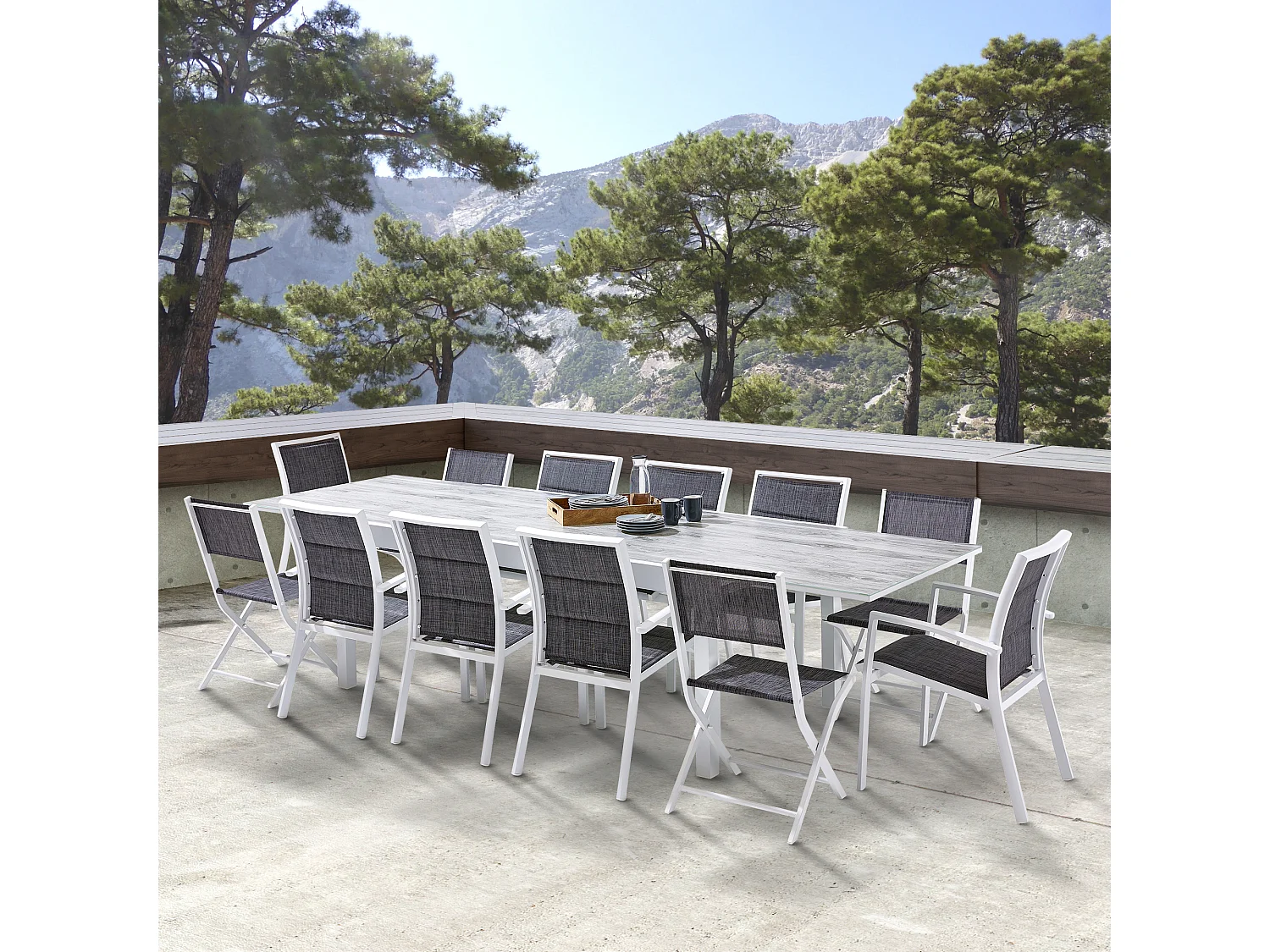 Ensemble MODULO 8/12p en aluminium blanc et verre décors bois avec 12 fauteuils en textilène