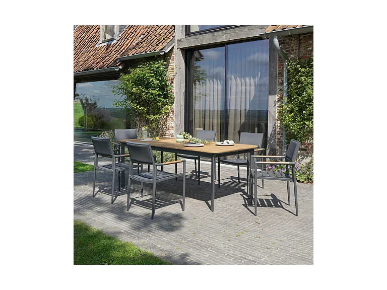 Ensemble 6/8 places en teck massif et aluminium Anthracite PIANA