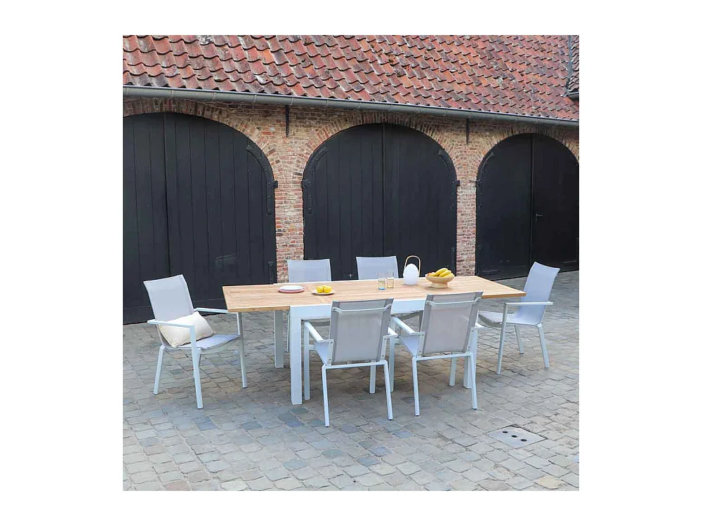 Ensemble BALITECK 6/10p en aluminium blanc, plateau en Teck avec 6 fauteuils