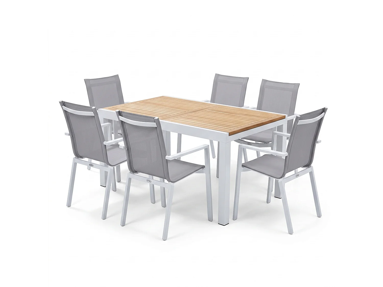 Ensemble BALITECK 6/10p en aluminium blanc, plateau en Teck avec 6 fauteuils