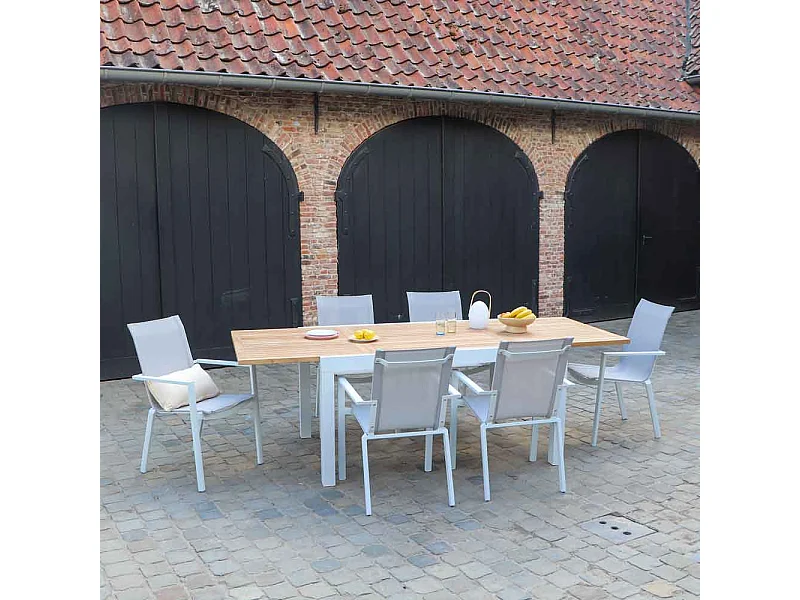 Ensemble BALITECK 6/10p en aluminium blanc, plateau en Teck avec 6 fauteuils