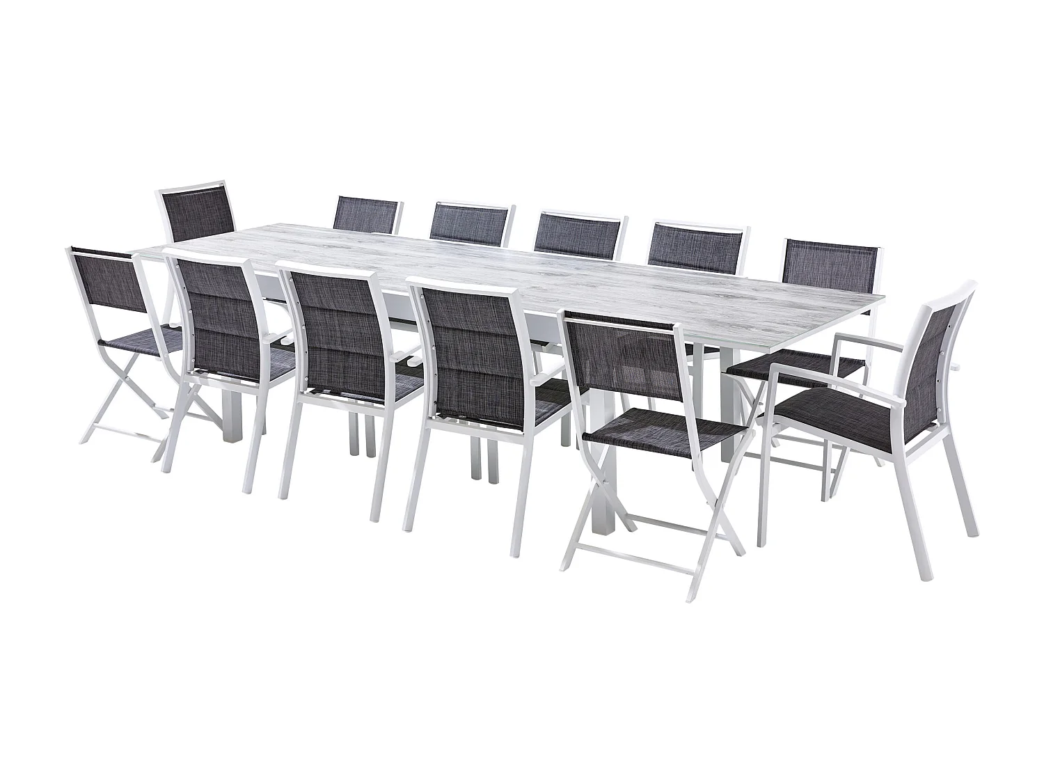 Ensemble MODULO 8/12p en aluminium blanc et verre décors bois avec 8 fauteuils et 4 chaises pliantes