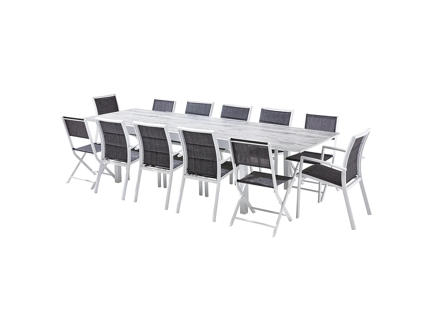Ensemble MODULO 8/12p en aluminium blanc et verre décors bois avec 8 fauteuils et 4 chaises pliantes