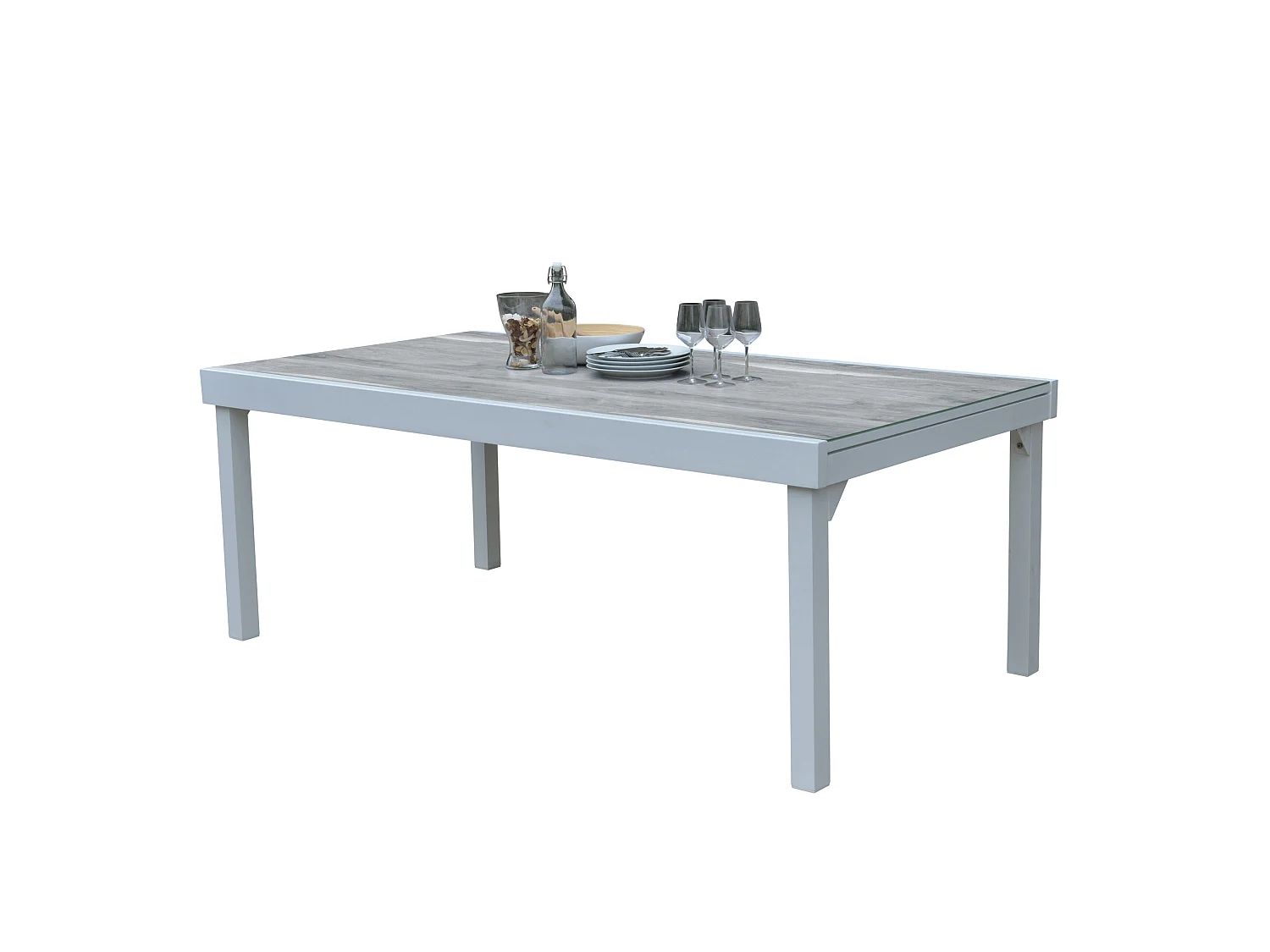Ensemble MODULO 8/12p en aluminium blanc et verre décors bois avec 8 fauteuils et 4 chaises pliantes