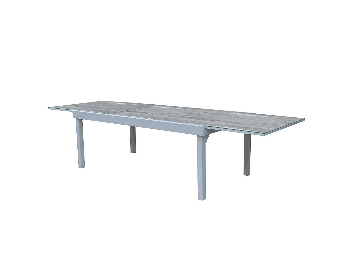 Ensemble MODULO 8/12p en aluminium blanc et verre décors bois avec 8 fauteuils et 4 chaises pliantes