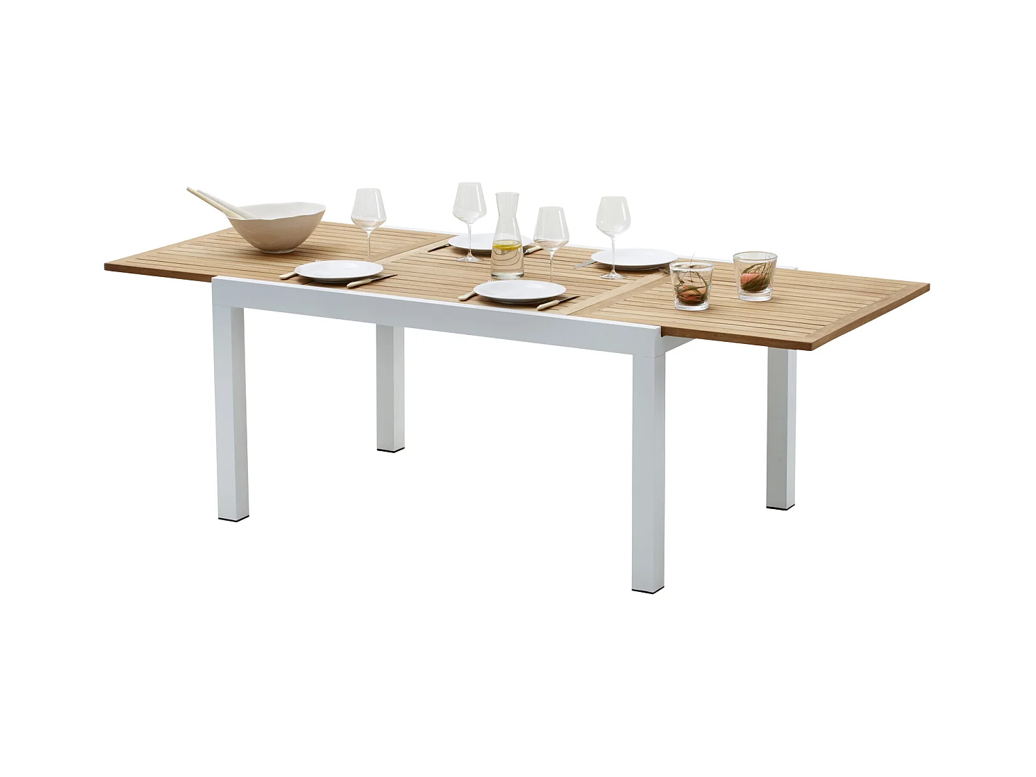 Ensemble BALITECK 8/12p en aluminium blanc, plateau en Teck avec 8 fauteuils et 4 chaises pliantes en aluminium et textilène