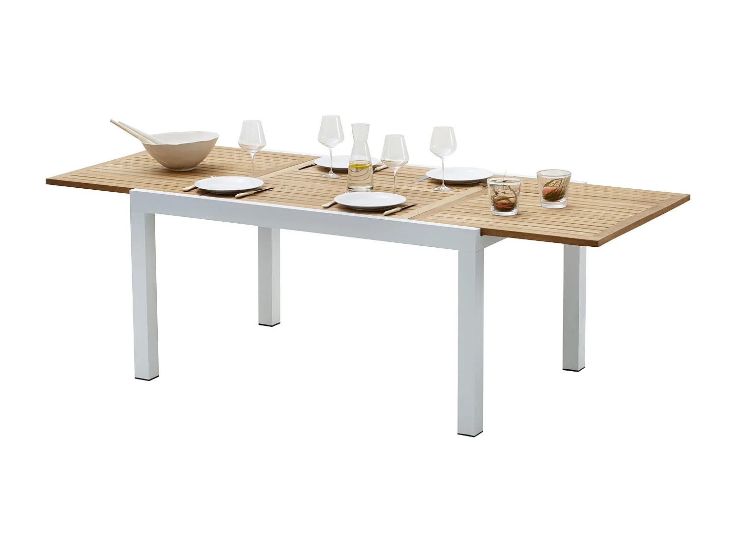 Ensemble BALITECK 8/12p en aluminium blanc, plateau en Teck avec 8 fauteuils et 4 chaises pliantes en aluminium et textilène