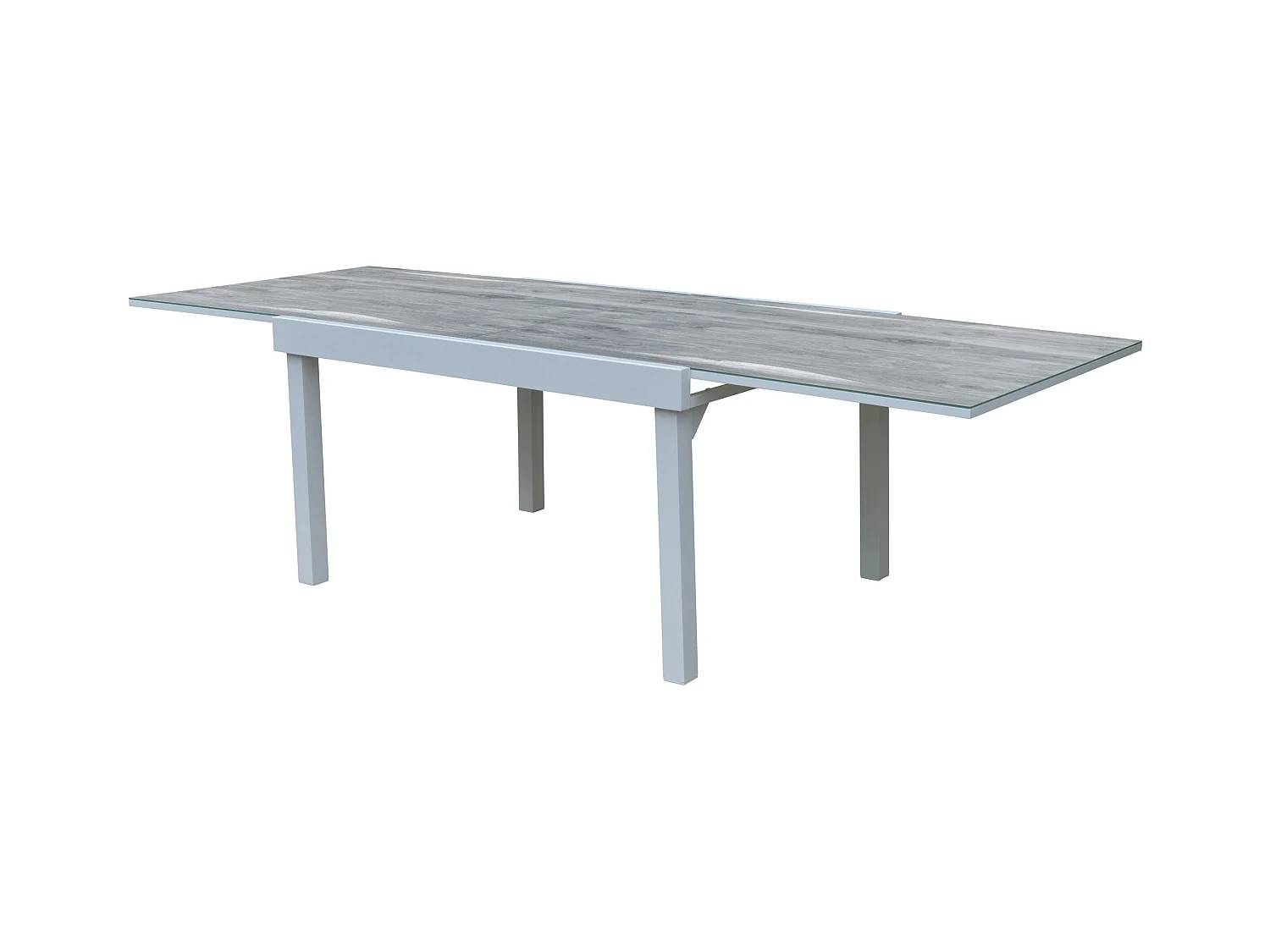 Ensemble MODULO 6/10p en aluminium blanc et verre décors bois avec 6 fauteuils en textilène et 4 chaises pliantes