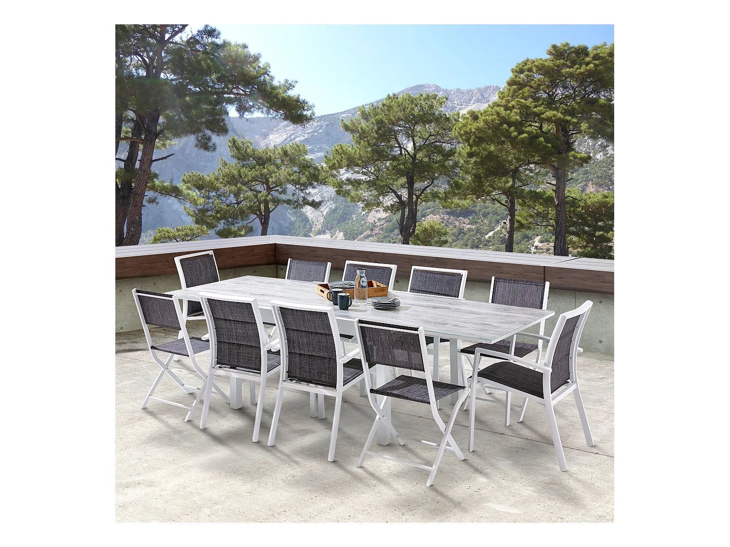 Ensemble MODULO 6/10p en aluminium blanc et verre décors bois avec 6 fauteuils en textilène et 4 chaises pliantes