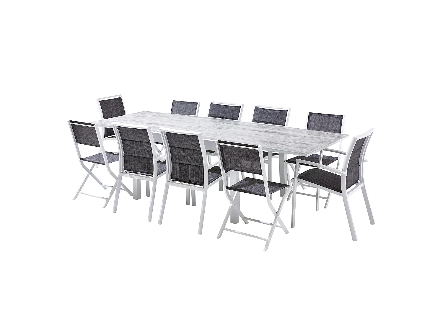 Ensemble MODULO 6/10p en aluminium blanc et verre décors bois avec 6 fauteuils en textilène et 4 chaises pliantes