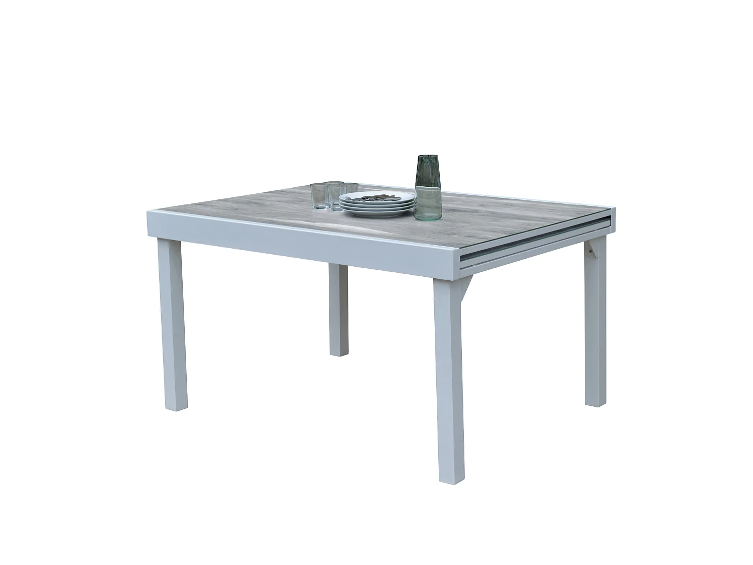 Ensemble MODULO 6/10p en aluminium blanc et verre décors bois avec 6 fauteuils en textilène et 4 chaises pliantes
