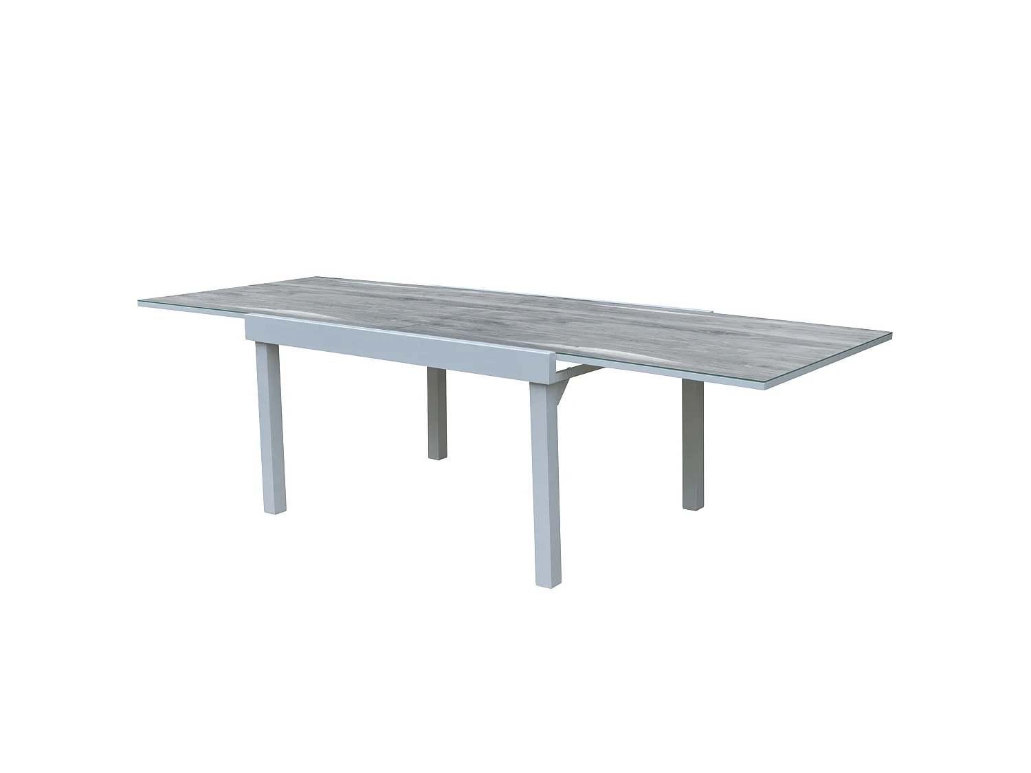 Ensemble MODULO 6/10p en aluminium blanc et verre décors bois avec 6 fauteuils en textilène et 4 chaises pliantes