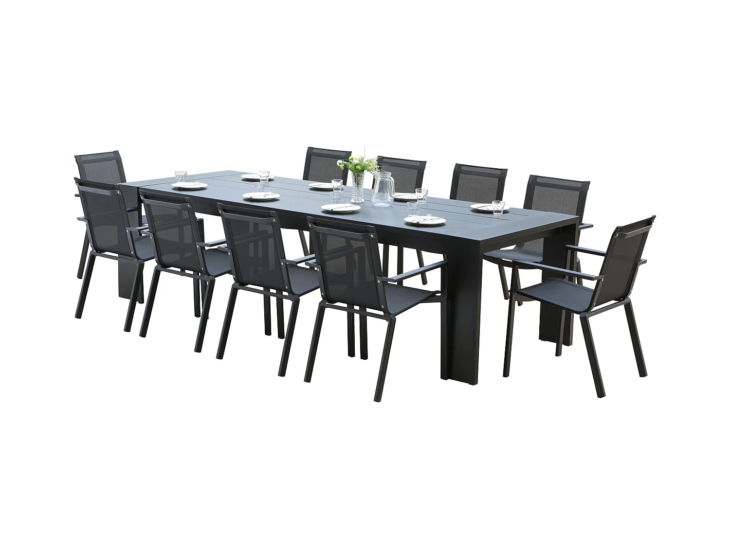Ensemble IBIZA 8/10p en aluminium gris/noir et 10 fauteuils en textilène