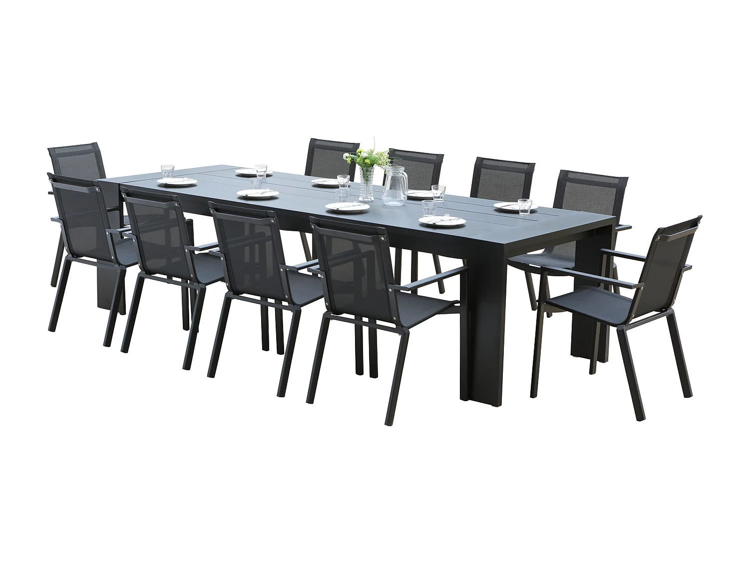 Ensemble IBIZA 8/10p en aluminium gris/noir et 10 fauteuils en textilène