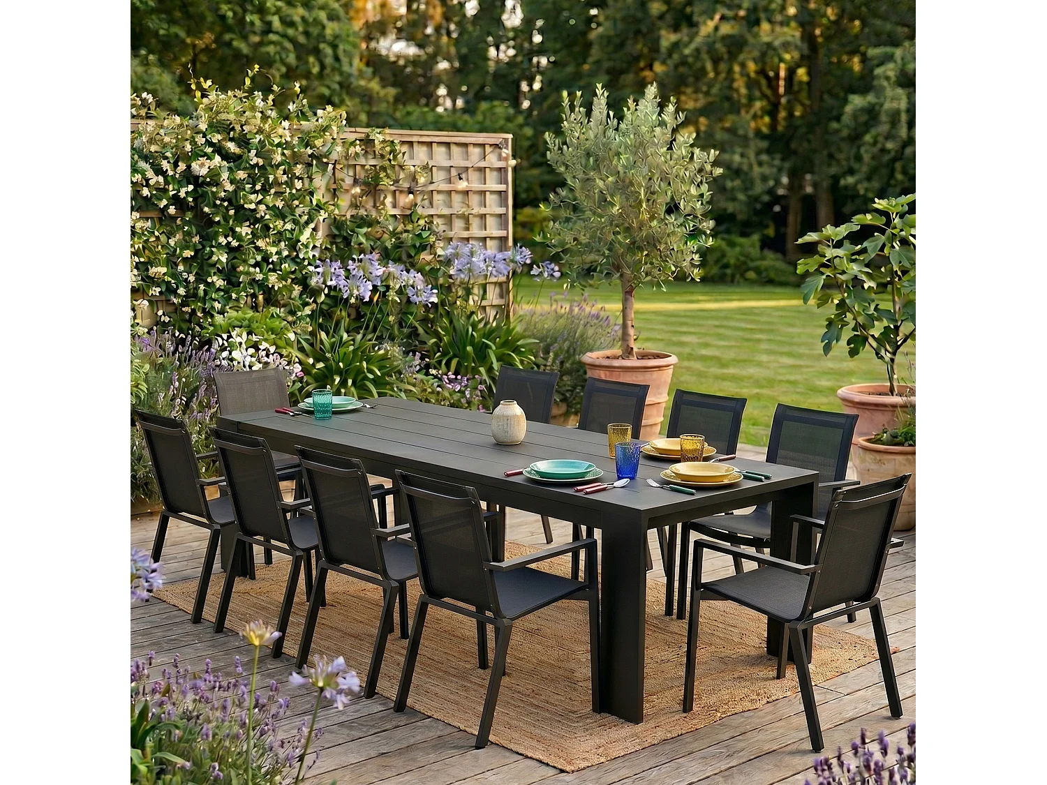 Ensemble IBIZA 8/10p en aluminium gris/noir et 10 fauteuils en textilène