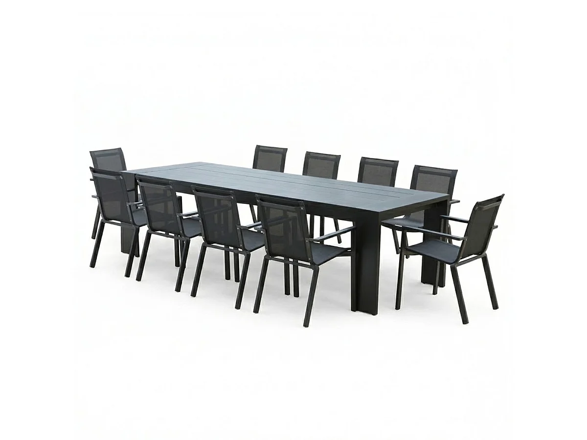 Ensemble IBIZA 8/10p en aluminium gris/noir et 10 fauteuils en textilène