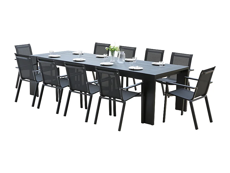 Ensemble IBIZA 8/10p en aluminium gris/noir et 10 fauteuils en textilène