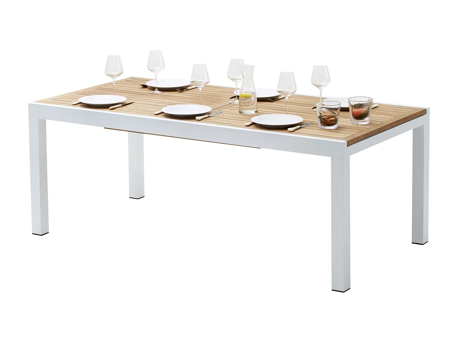 Ensemble BALITECK 8/12p en aluminium blanc, plateau en Teck avec 8 fauteuils