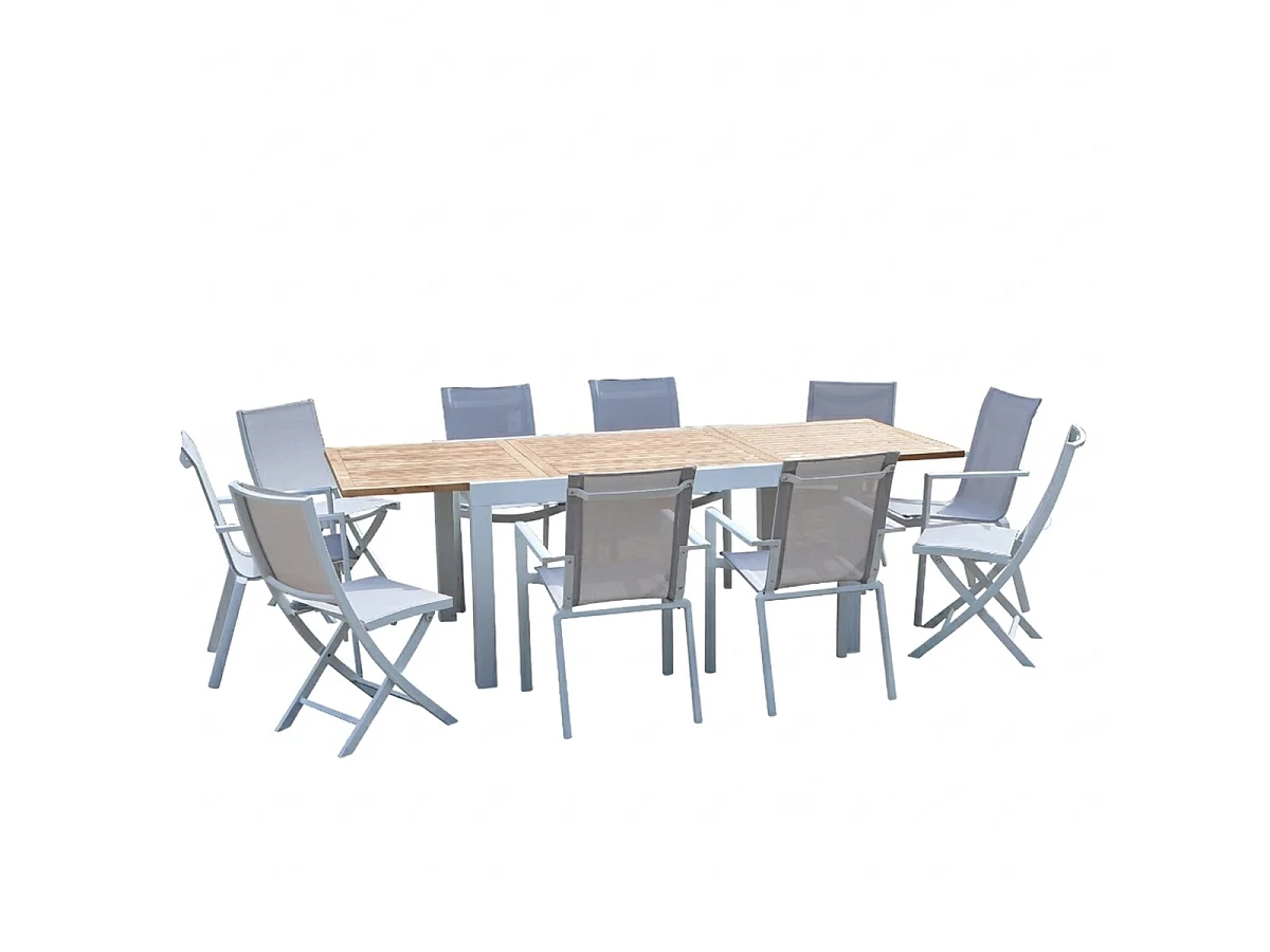 Ensemble BALITECK 6/10p en aluminium blanc, plateau en Teck avec 6 fauteuils et 4 chaises pliantes en aluminium et textilène