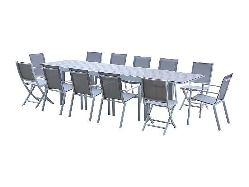 Ensemble TULUM 8/12p en aluminium blanc et plateau en alu décors bois avec 6 fauteuils et 4 chaises pliantes