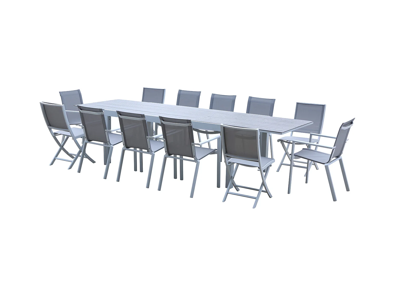 Ensemble TULUM 8/12p en aluminium blanc et plateau en alu décors bois avec 6 fauteuils et 4 chaises pliantes