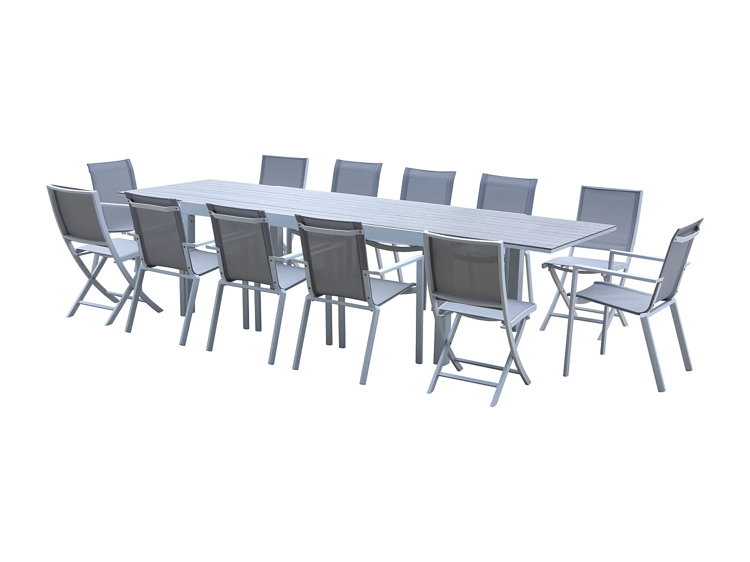 Ensemble TULUM 8/12p en aluminium blanc et plateau en alu décors bois avec 6 fauteuils et 4 chaises pliantes