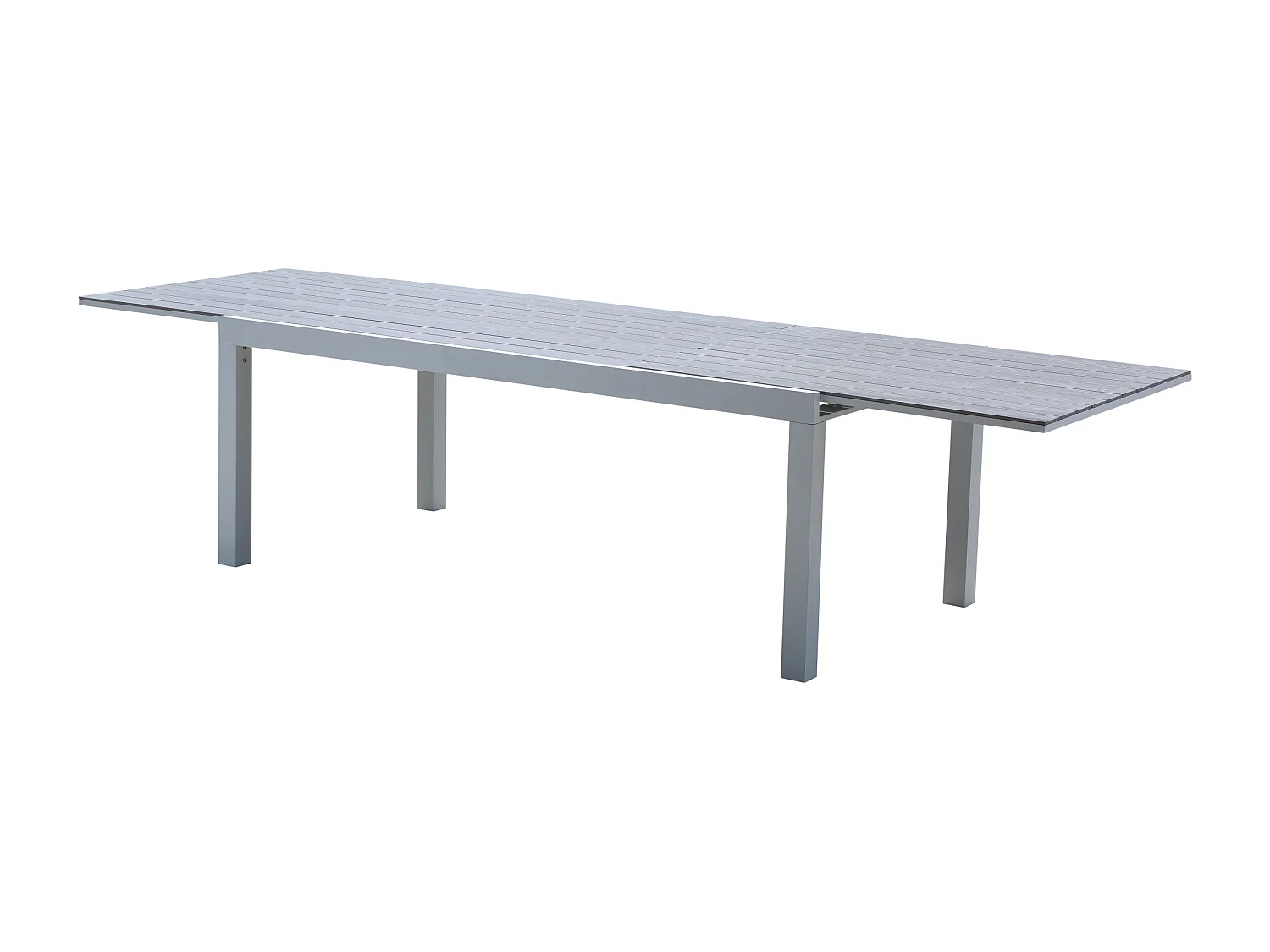 Ensemble TULUM 8/12p en aluminium blanc et plateau en alu décors bois avec 6 fauteuils et 4 chaises pliantes