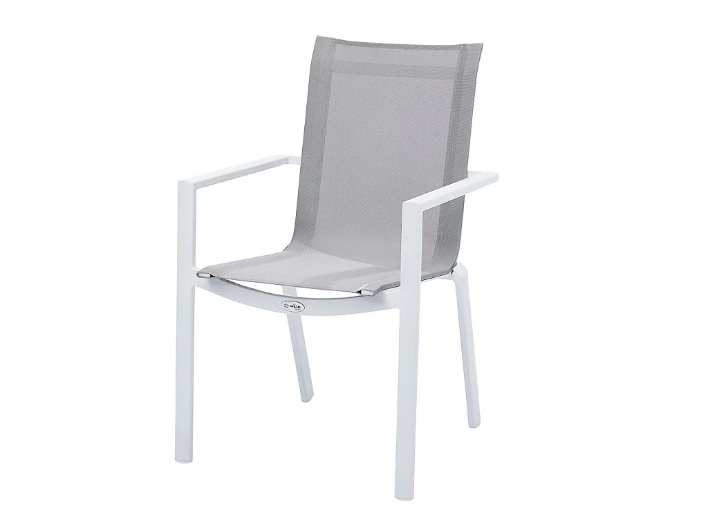 Ensemble TULUM 8/12p en aluminium blanc et plateau en alu décors bois avec 8 fauteuils et 4 chaises pliantes