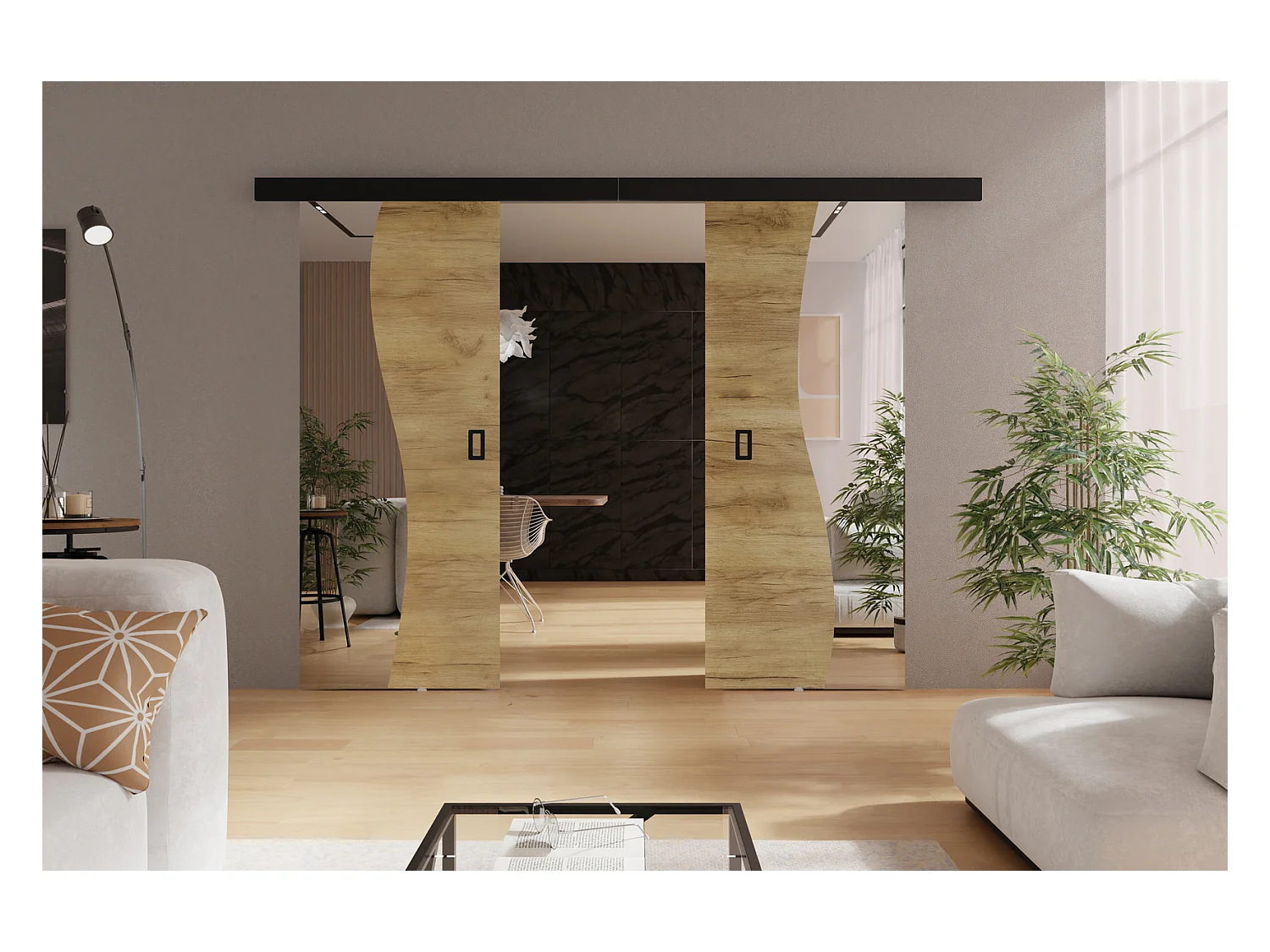 Emporius Porte coulissante 210 cm Kaja Duo - miroir, cache rail, portes coulissantes murales intérieures - Chêne craft doré