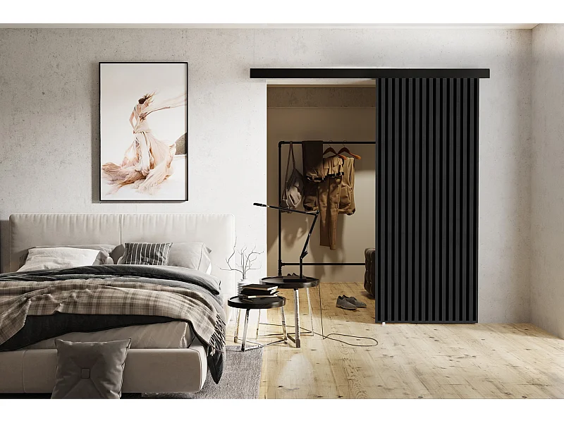 Emporius Porte coulissante 80 cm Belor - imitation de lamelle, porte suspendue coulissante - Graphite