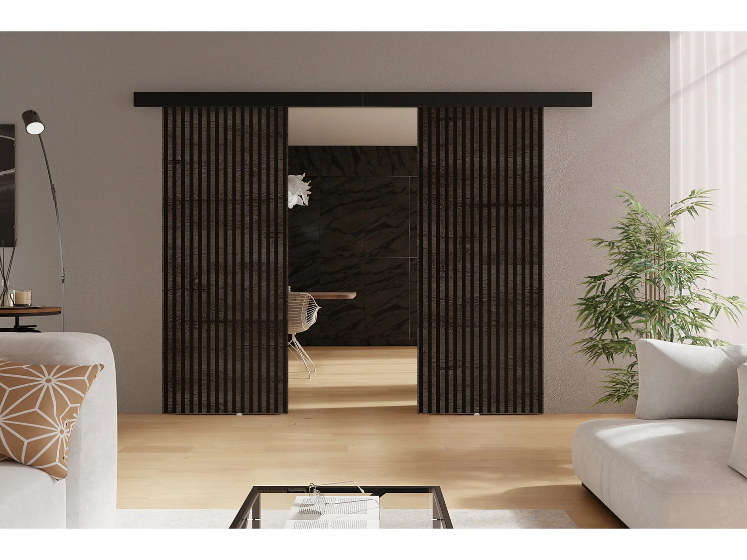 Emporius Porte coulissante 170 cm Belor Duo - imitation de lamelle, porte suspendue coulissante - Bois foncé