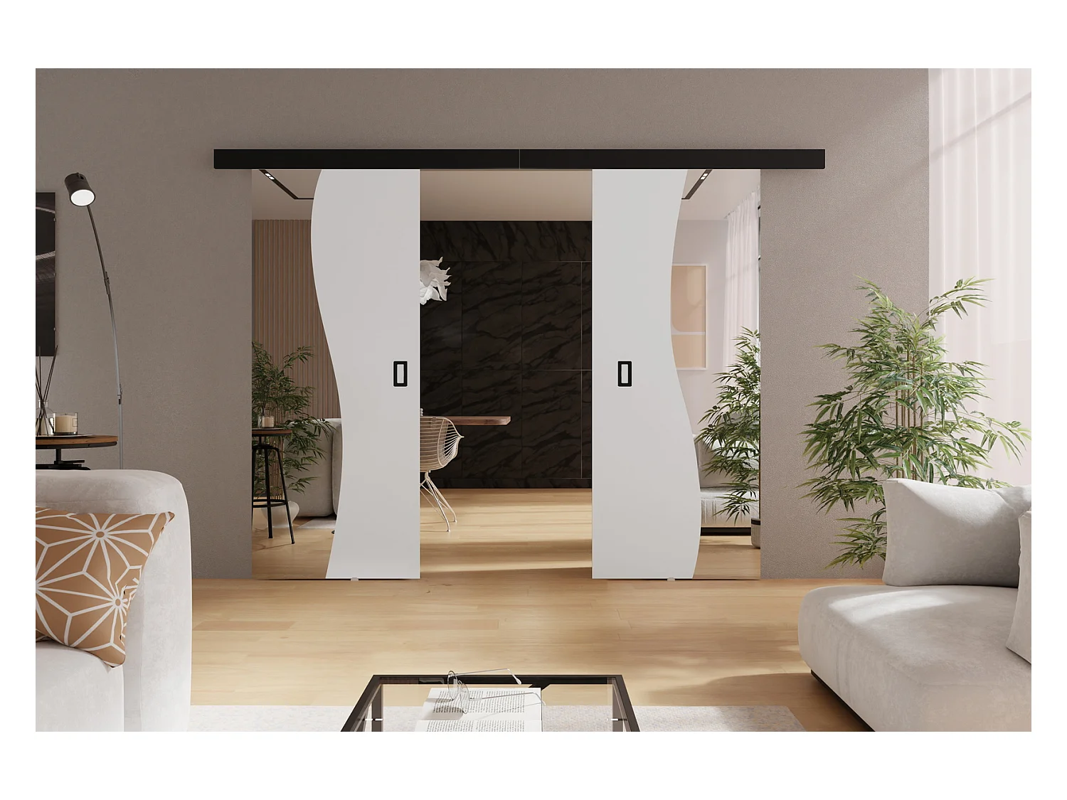 Emporius Porte coulissante 190 cm Kaja Duo - miroir, cache rail, portes coulissantes murales intérieures - Blanc